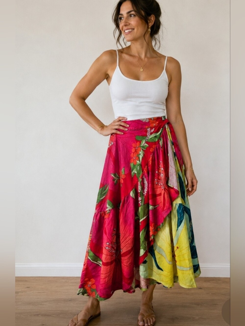 Farm Rio Linen Vibrant Floral Wrap Skirt XS